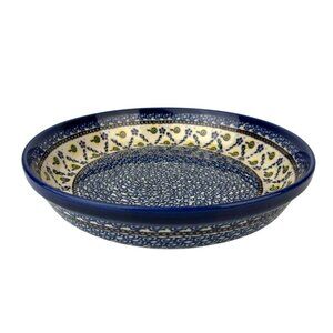 Boleslawiec Polish Pottery Pie Plate Stoneware Hand Painted Blue Floral Swirl